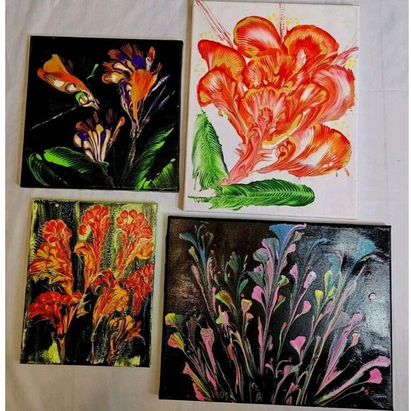Abstract Flowers Acrylic On Canvas Wall Art Grouping Pictures  Boho Wall Modern - Picture 1 of 16
